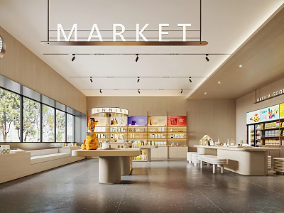 Modern Supermarket Interior Design With Shelves Products Display Areas And Large Windows 3d model