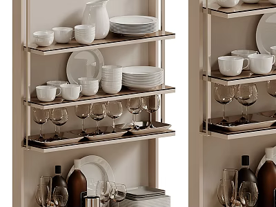 Modern Kitchen Open Cabinets With Shelves Holding Plates Cups Wine Glasses Bowls And Bottles 3d model