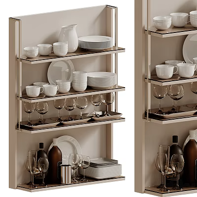 Modern Kitchen Open Cabinets With Shelves Holding Plates Cups Wine Glasses Bowls And Bottles 3d model