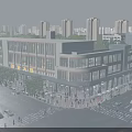 Modern Commercial Complex Glass Facade With Evening Lighting Pedestrians Cars And Shops On Street