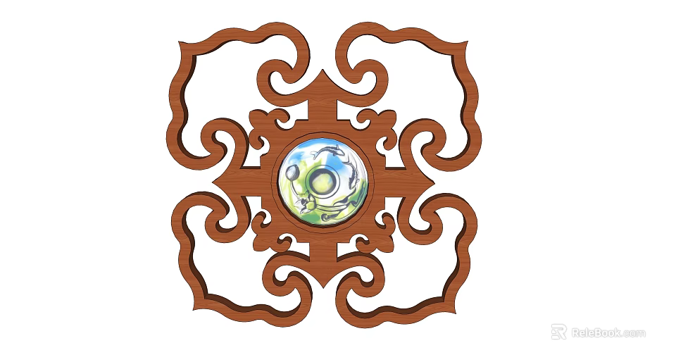 Traditional Wooden Carved Window With Intricate Scroll Patterns And Central Circular Design 3d model 