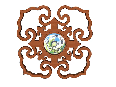 Traditional Wooden Carved Window With Intricate Scroll Patterns And Central Circular Design 3d model