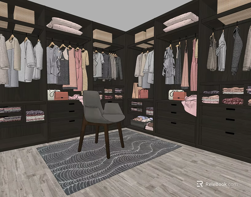 Well Organized Walk-in Closet With Hanging Clothes Drawers Folded Garments Chair And Rug 3d model 