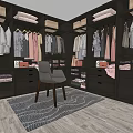 Well Organized Walk-in Closet With Hanging Clothes Drawers Folded Garments Chair And Rug