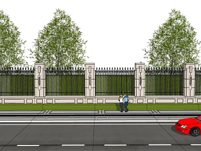 Classic Building Exterior With Black Wrought Iron Fence Stone Pillars And Green Trees 3d model