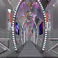 Futuristic KTV Corridor With Neon Lights Arched Structures Artworks And Dynamic Ambiance