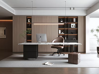 Modern Home Office Interior With Wooden Desk Computer Chair Bookshelves And Storage Box 3d model