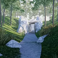 Natural Building Exterior Wall Design With Stone Rocks Trees and Green Grass Surroundings