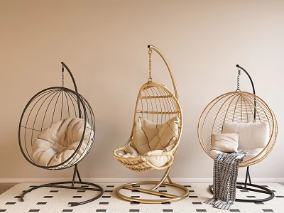 Stylish Indoor Hanging Chairs with Rattan Metal Frames Cushions and Throw Blanket in Modern Interior 3d model