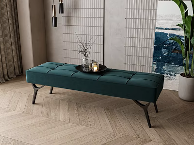 Teal Velvet Sofa Bench With Tray Candles And Vase In Modern Interior 3d model