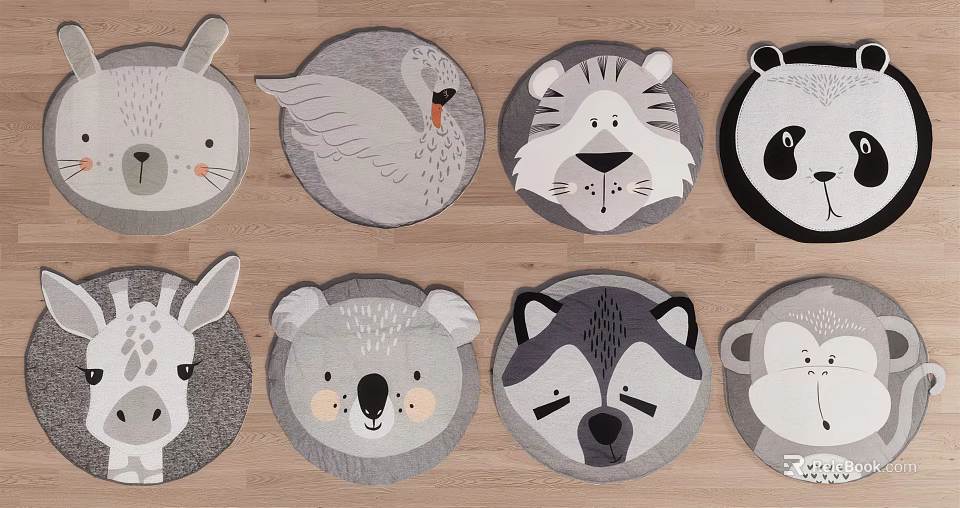 Adorable Round Rugs With Various Animal Faces Design For Kids Room 3d model 
