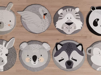 Adorable Round Rugs With Various Animal Faces Design For Kids Room 3d model
