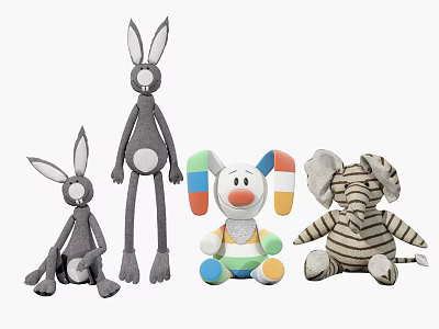 Cute Plush Toys Collection Featuring Gray Rabbits Colorful Clown and Striped Elephant 3d model