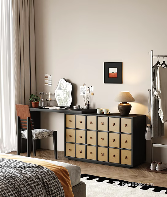 Stylish Dressing Table with Gold Drawer Handles Mirror Lamp and Decorative Chair 3d model 