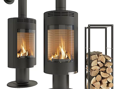 Modern Black Fireplaces With Glass Doors Burning Flames And Wood Log Storage Rack Interior Design 3d model