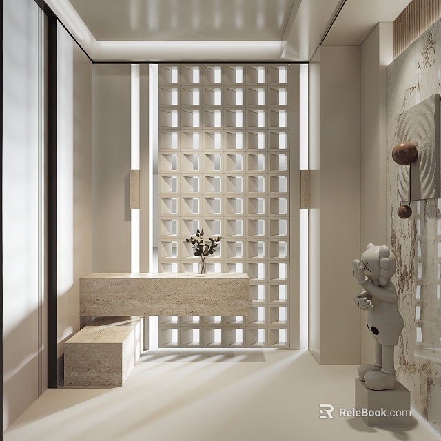 Elegant Foyer Hallway Design With Lattice Partition Screen And Stone Console Table 3d model 