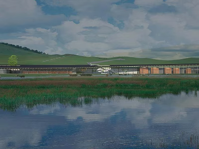Modern Visitor Center with Lake Reflection and Scenic Grassland Near Hills Under Cloudy Sky 3d model