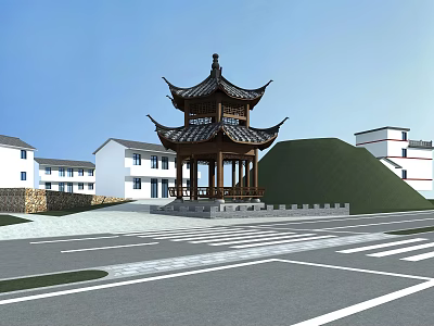 Chinese Traditional Wooden Pavilion In Square With Modern White Buildings And Green Hill 3d model