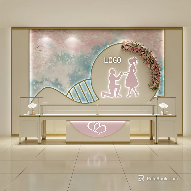 Romantic Wedding Display Shelves With Glass Top Couple Silhouette Flower Wreath And Heart Decoration 3d model 