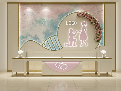 Romantic Wedding Display Shelves With Glass Top Couple Silhouette Flower Wreath And Heart Decoration 3d model
