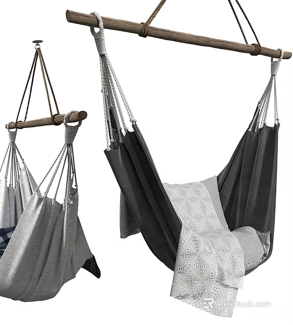 Gray And Black Hammock Chair Designs With Wooden Bar And Soft Cushions 3d model 