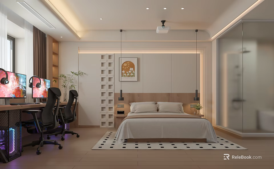 Modern Hotel Room Interior With Bed Desk Office Chair Plant And Decorative Painting 3d model 
