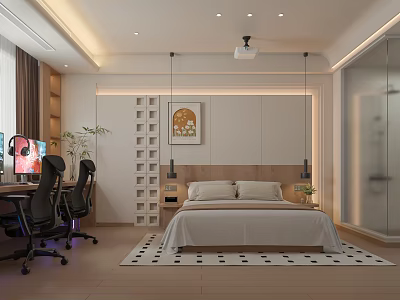 Modern Hotel Room Interior With Bed Desk Office Chair Plant And Decorative Painting 3d model