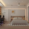 Modern Hotel Room Interior With Bed Desk Office Chair Plant And Decorative Painting