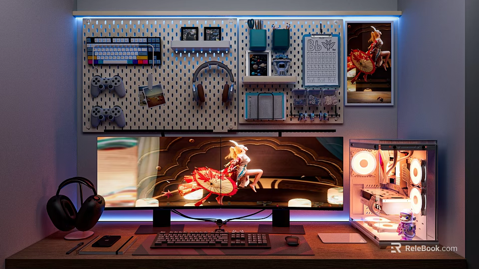 Gaming Computer Setup With Wall Mounted Pegboard Game Controllers Headphones Large Monitor And Clear Case 3d model 