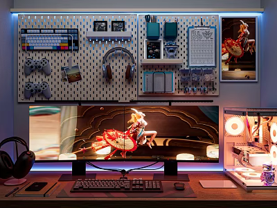 Gaming Computer Setup With Wall Mounted Pegboard Game Controllers Headphones Large Monitor And Clear Case 3d model