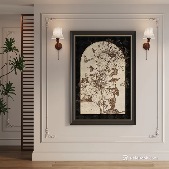 Botanical Painting With Floral Design Butterfly And Black Frame On Decorative Wall With Wall Lamps 3d model 