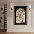 Botanical Painting With Floral Design Butterfly And Black Frame On Decorative Wall With Wall Lamps