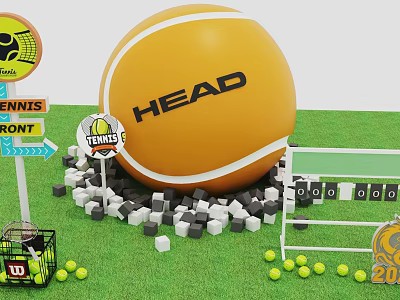 Art Installation Featuring Large HEAD Tennis Ball On Grass With Racket And Cubes 3d model