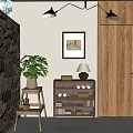 Rustic Decorative Cabinet With Potted Plants Wall Art Books And Bowls