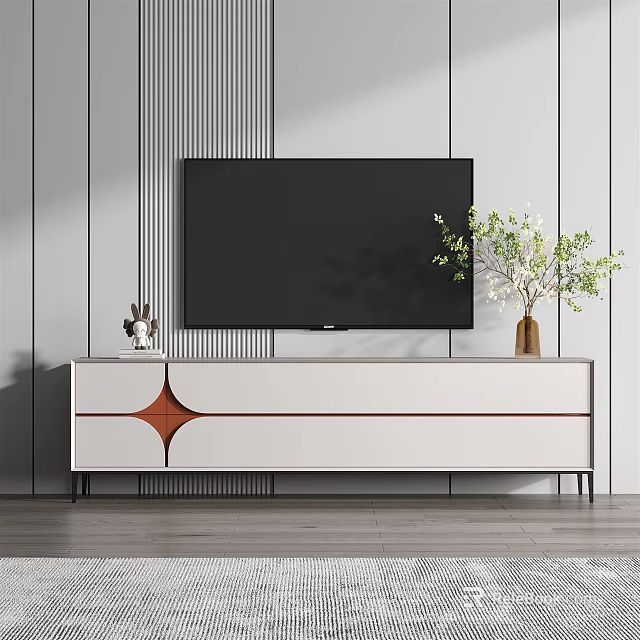 Modern TV Stand with White Drawer Design Decorative Pattern Featuring TV Vase and Green Plants 3d model 