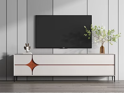 Modern TV Stand with White Drawer Design Decorative Pattern Featuring TV Vase and Green Plants 3d model