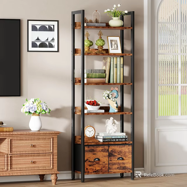 Rustic Industrial Wooden Metal Shelving Unit With Books Decor And Clock In Living Room 3d model 