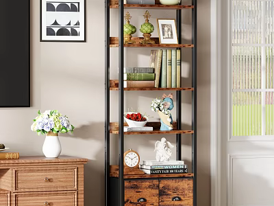 Rustic Industrial Wooden Metal Shelving Unit With Books Decor And Clock In Living Room 3d model