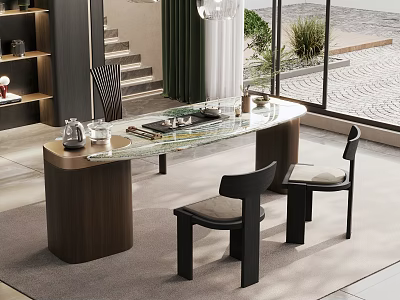 Modern Minimalist Tea Table and Chairs with Glass Top and Wooden Legs in Interior Design 3d model