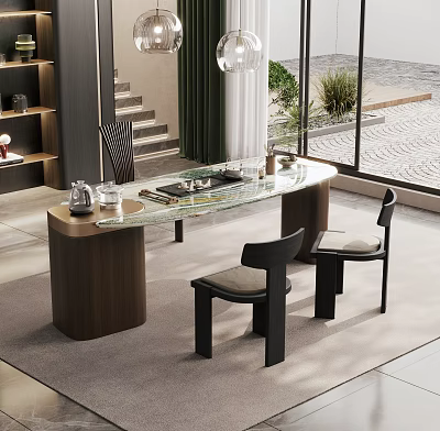 Modern Minimalist Tea Table and Chairs with Glass Top and Wooden Legs in Interior Design 3d model