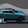Display Shelves Showcasing Blue Car In Modern Setup With Striped Backdrop And Spotlights