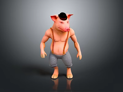 Muscular Pig Game Movie Character Wearing Black Hat And Gray Pants With Suspenders 3d model