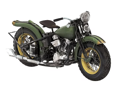 Vintage Green Motorcycle with Yellow Wheels Classic Headlight Black Seat and Chrome Exhaust 3d model