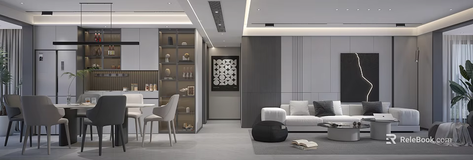 Modern Dining and Living Room Interior With Sofa Coffee Table Dining Set And Decorative Painting 3d model 