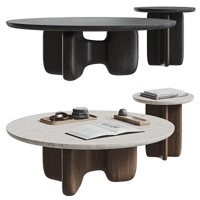 Modern Round Coffee Table With Marble Top Wooden Base Open Book Decorative Tray And Coasters 3d model
