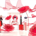 Floral Installation with Red Roses Transparent Pink Ribbons Display Stand Featuring Woman and Products