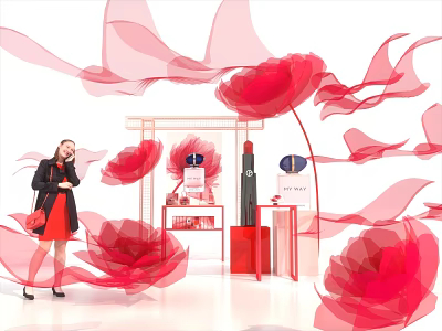 Floral Installation with Red Roses Transparent Pink Ribbons Display Stand Featuring Woman and Products 3d model