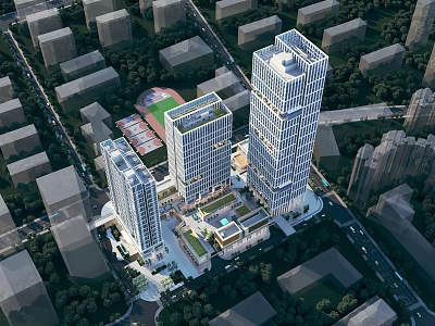 Modern Office Buildings Aerial View Featuring Urban Greenery And Sleek Architecture 3d model