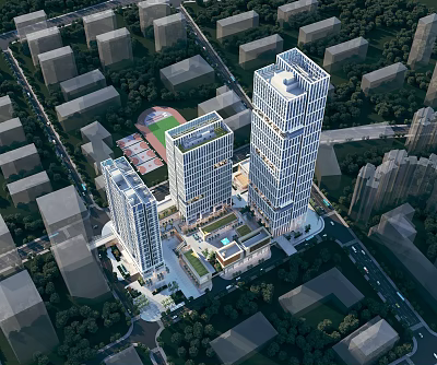 Modern Office Buildings Aerial View Featuring Urban Greenery And Sleek Architecture 3d model