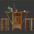 Wooden Table And Stools Set With Green Bag Clear Cups And Purple Water Bottle